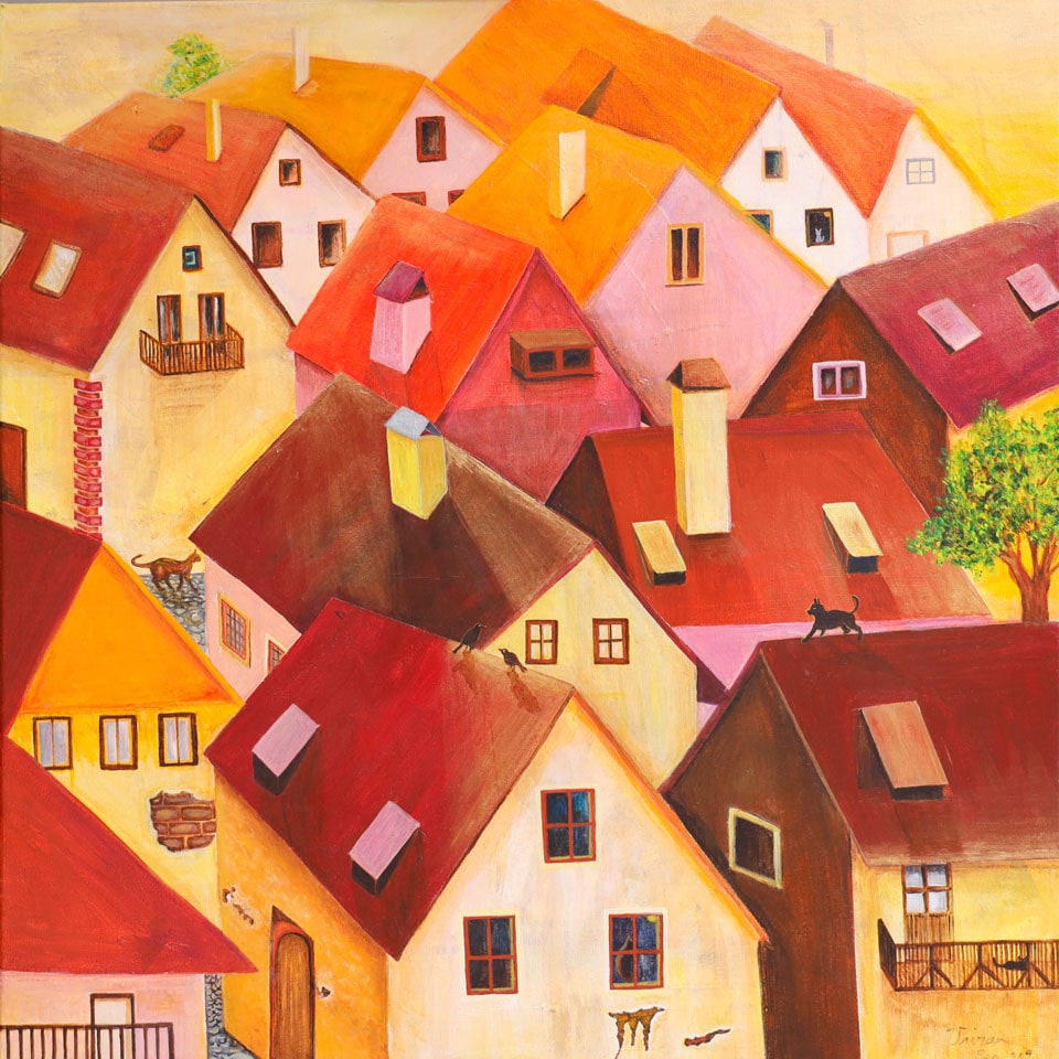 Orange Relic, an acrylic painting of 400 years old city in Czech Republic