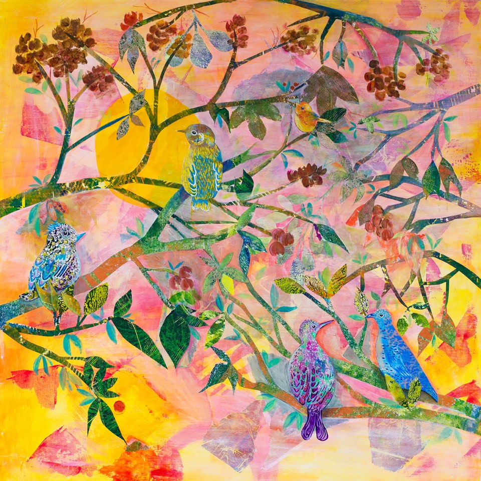 an acrylic painting with collage with bird on branches in bright colours